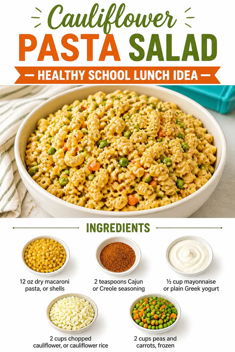 Cauliflower Pasta Salad — Healthy School Lunch Idea Pinterest pin